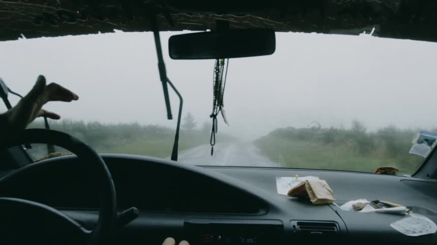 The inside of a car with a person driving and the windshield wiper is going from one side to the other and outside you can see a road with a lot of vegetation on the sides