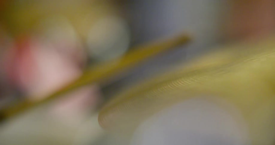 A closeup of a cymbal being struck by a drumstick