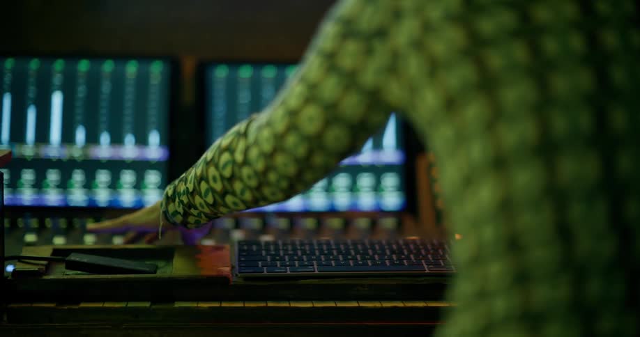 A person in a patterned shirt is using a mixing console with multiple displays