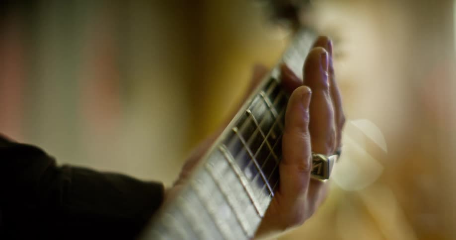 Close up of the hand of a musician playing guitar