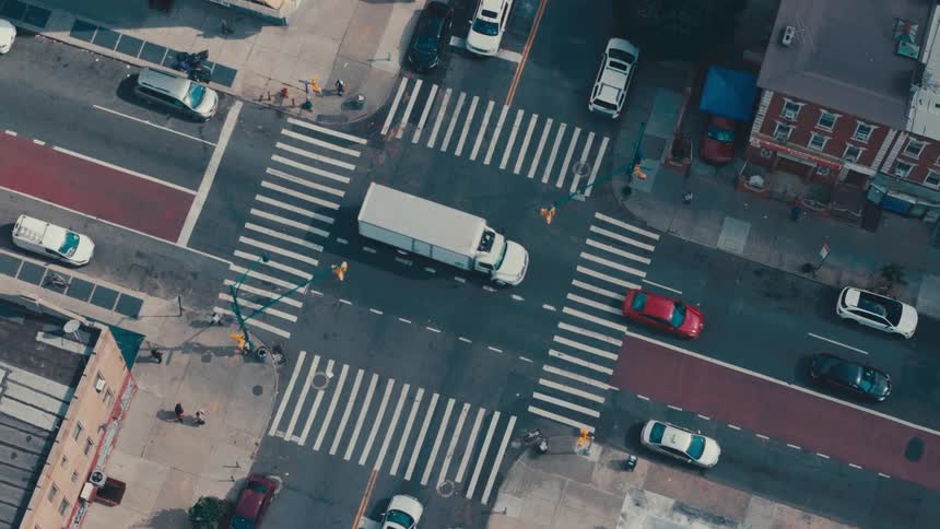 Aerial view of traffic on an intersection in the city