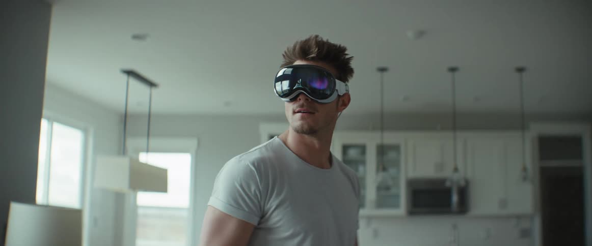 A man is using a virtual reality headset at home