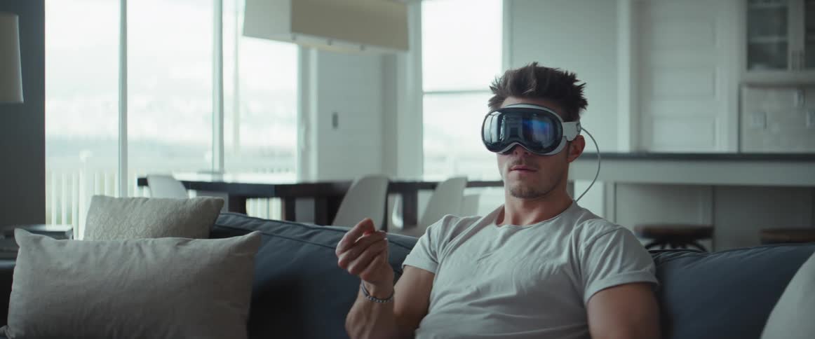 A man moving his hand as if to grab something while wearing vr glasses