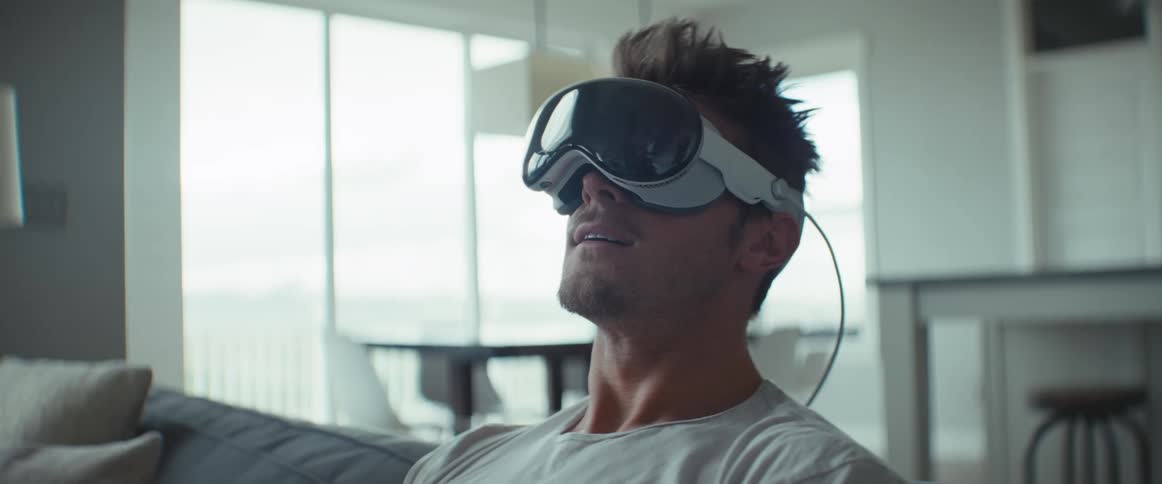 Man sits in living room smiling while interfacing via a virtual reality headset