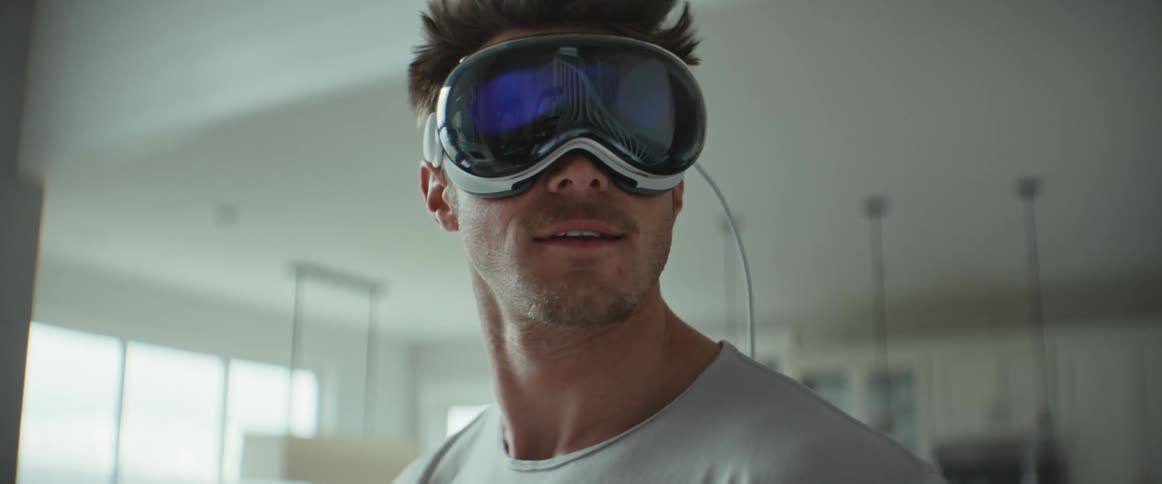 Man wearing vr headset smiles while walking around living room