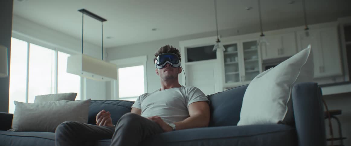 A man is sitting on the couch using a virtual reality headset