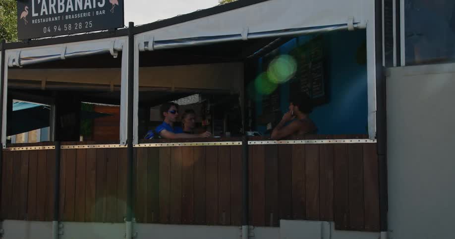 Group of friends sitting on the deck of a restaurant