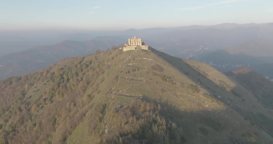 Aerial panorama of a temple on a mountain peak
