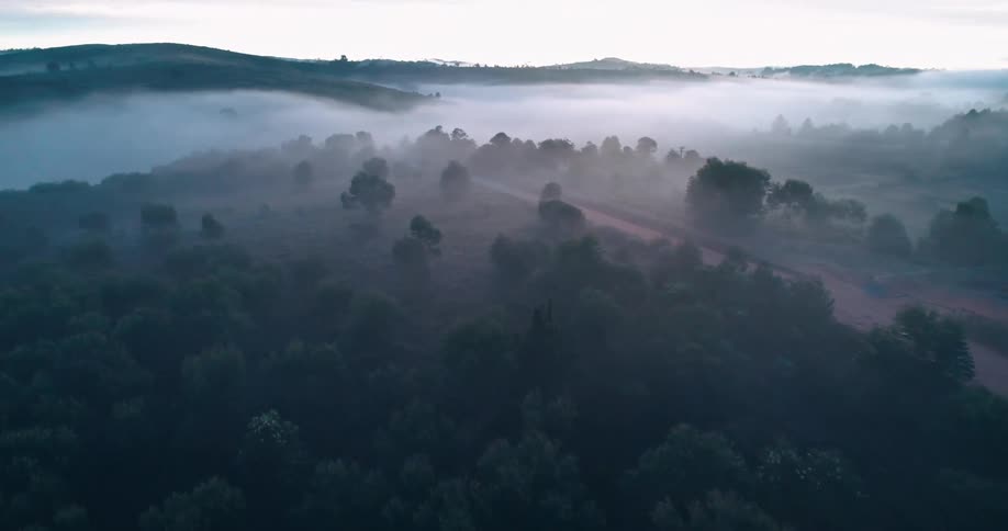 Aerial of morning fog floating across the countryside