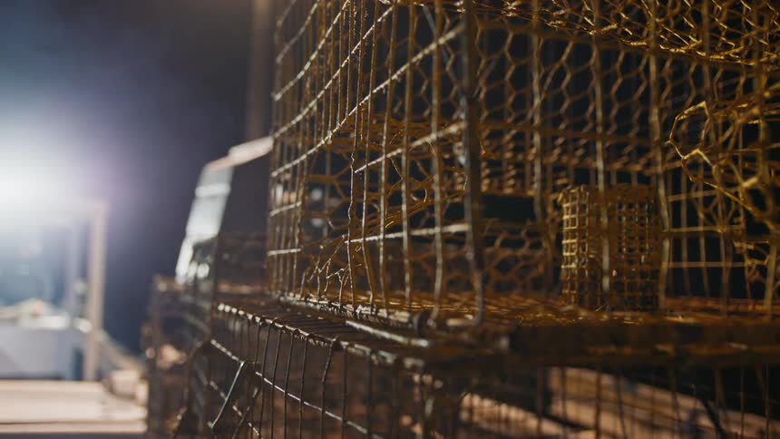 The cages on the fishing boat are empty