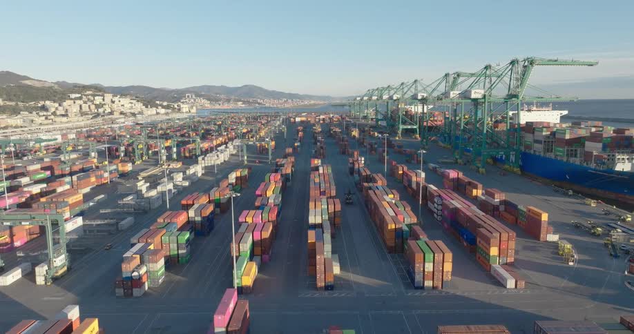 Aerial panorama of a seaside port with cargo ships and containers