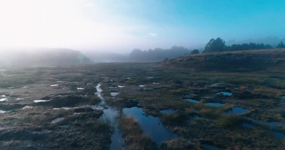 Aerial view of a foggy marsh