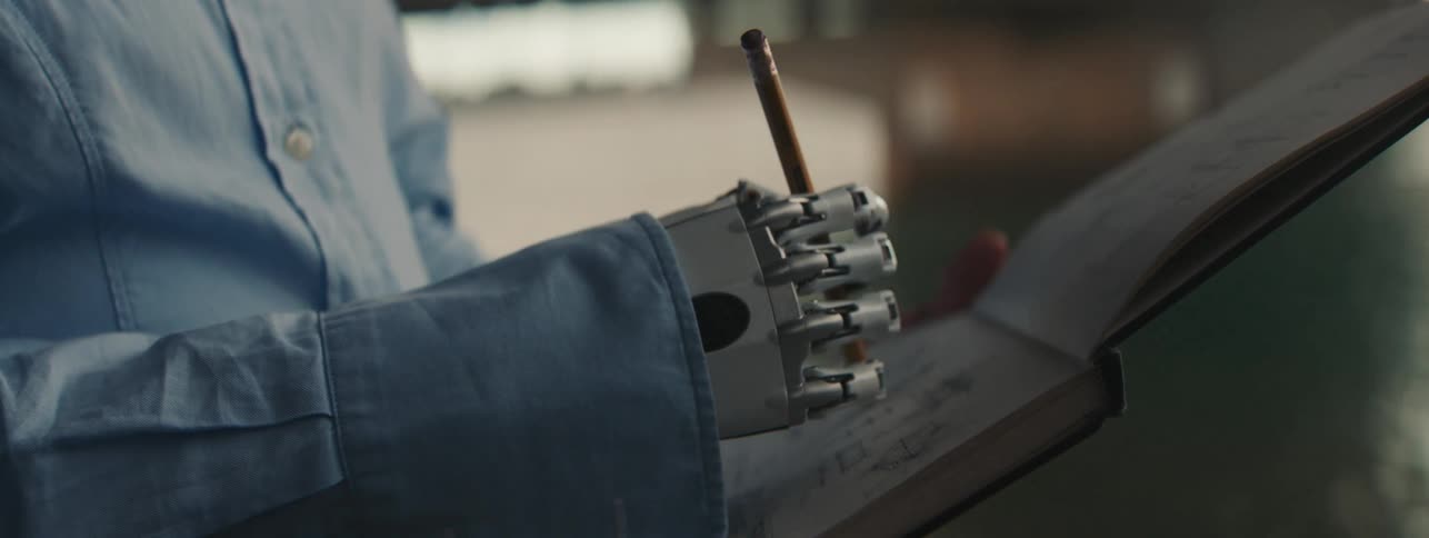 A person with a prosthetic limb draws in a book