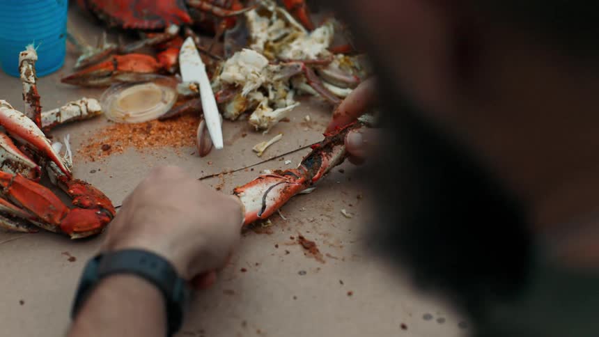 A man smashes a piece of crab with a small mallet
