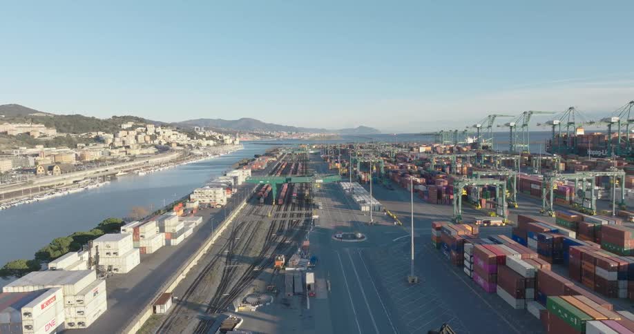 Aerial panorama of a seaside port with a containers