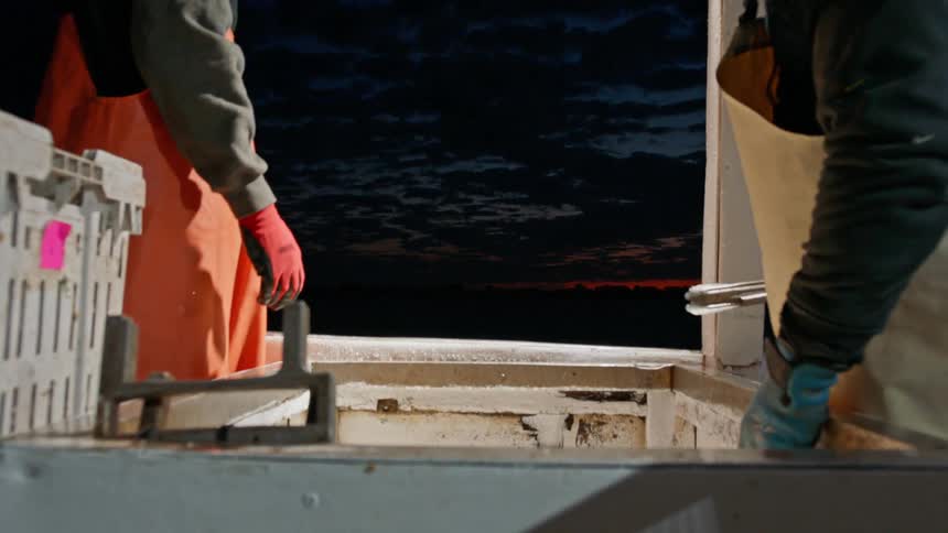Two fisherman stand on the boat