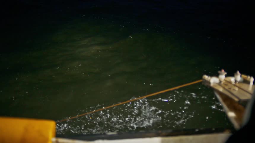 Person stands near rope leading from the boat into the water