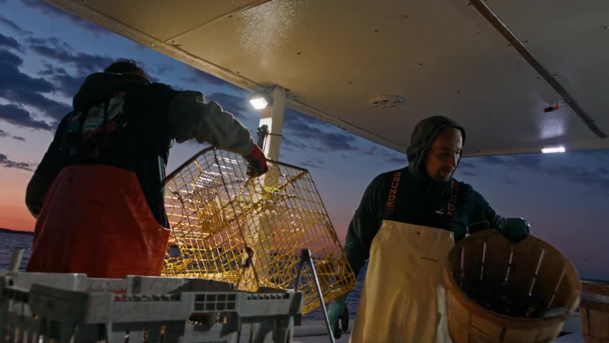 Two men in a small boat holding a metal box with crabs while fishing at dawn