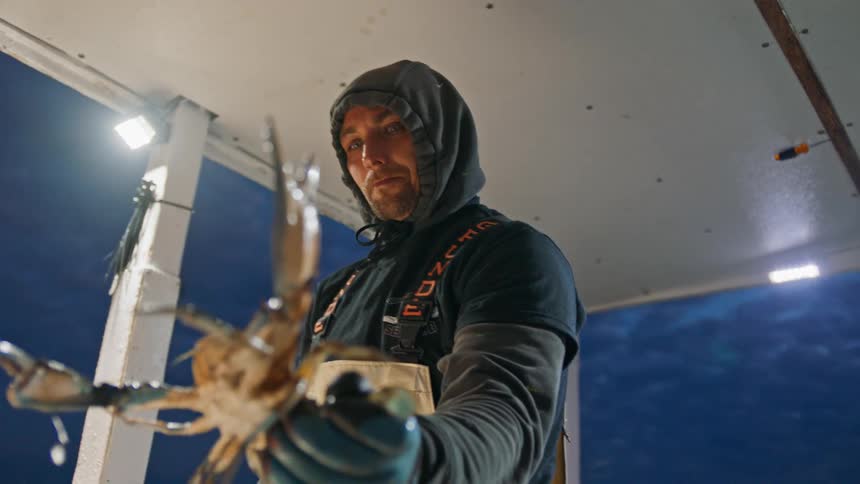 A fisherman holds a crab on the boat