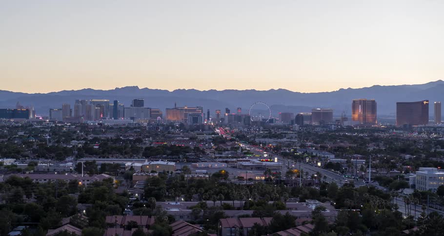 Aerial footage of the las vegas city skyline and suburbs