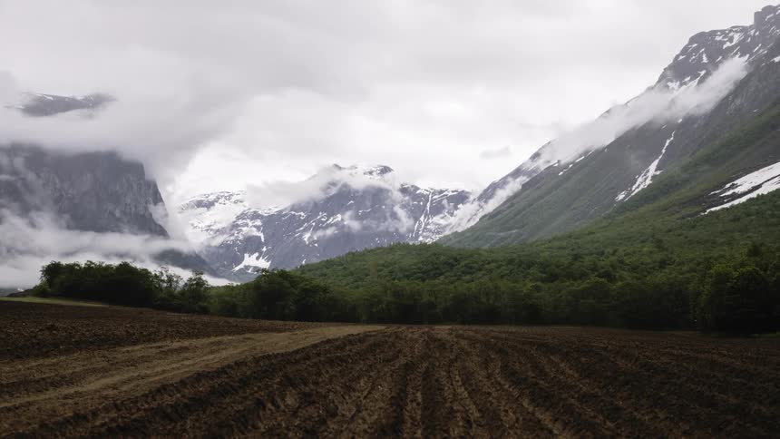 Dry agriculture field with forests around and mountains covered by snow
