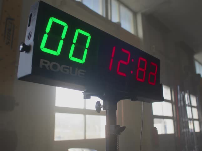 A view of a large stopwatch in a room