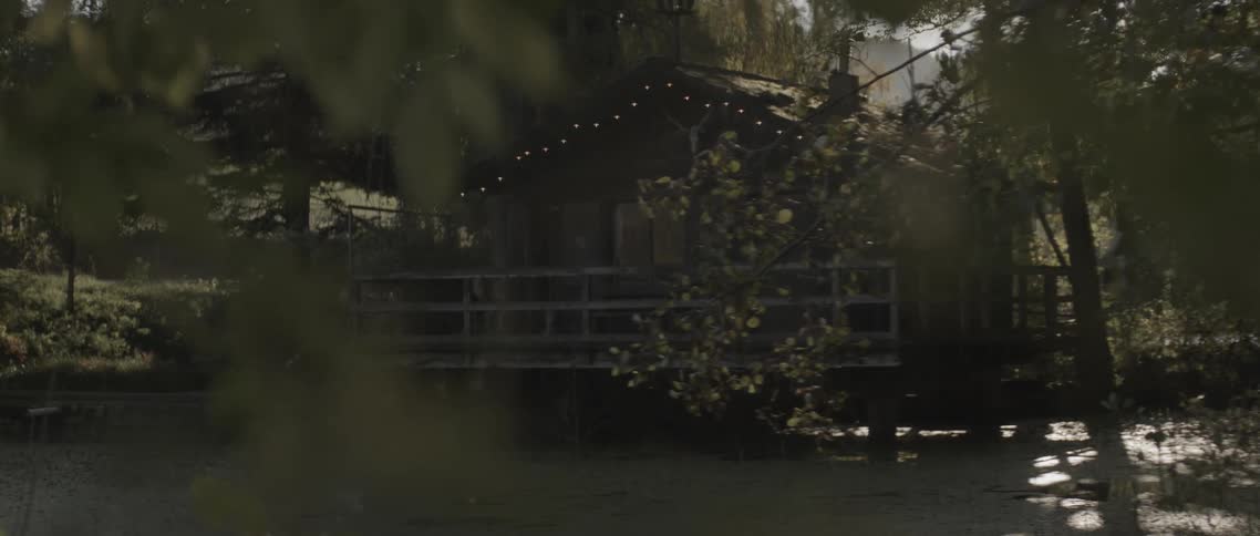 Green trees and leaves blowing in the wind around a cabin on a lake