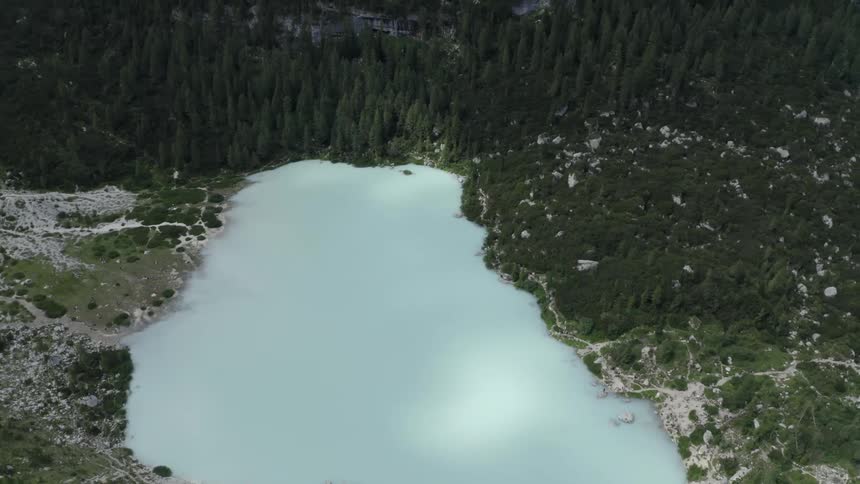 Landscape of a white reflective lake in the middle of a mountain with coniferous forests around