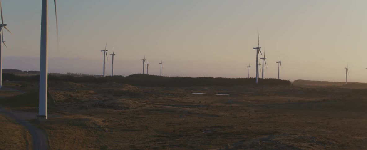 Several tall wind turbines spin slowly while generating electricity