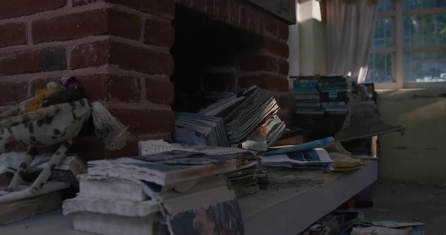 Stacks of books are in the chimney