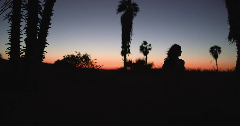 A woman stands outdoors near palm trees