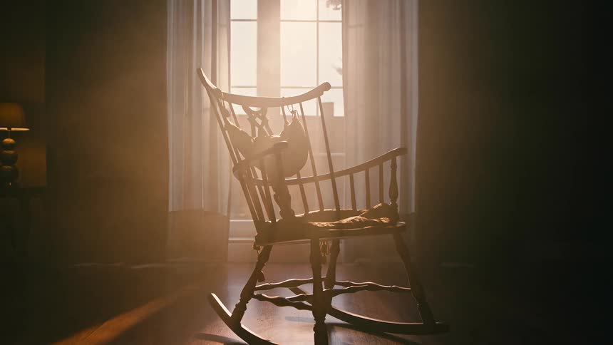 Person in a rocking chair drinks a coffee while reading a newspaper before standing up and leaving the room