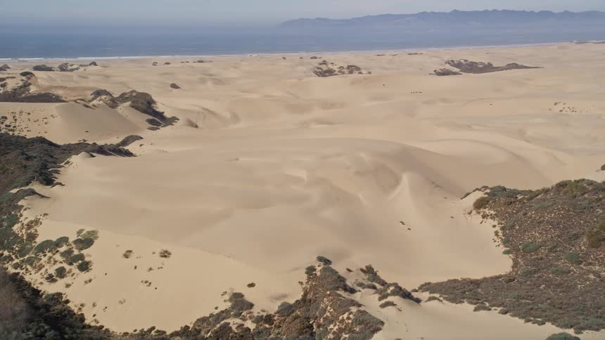 An aerial view of a sandy beach and ocean shoreline