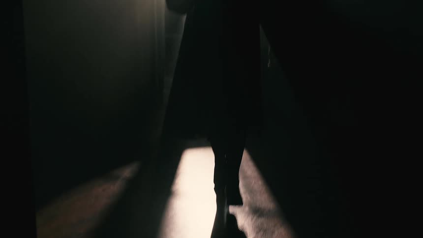 Silhouette of a woman walking in a dimly lit environment carrying a plate of food with one hand