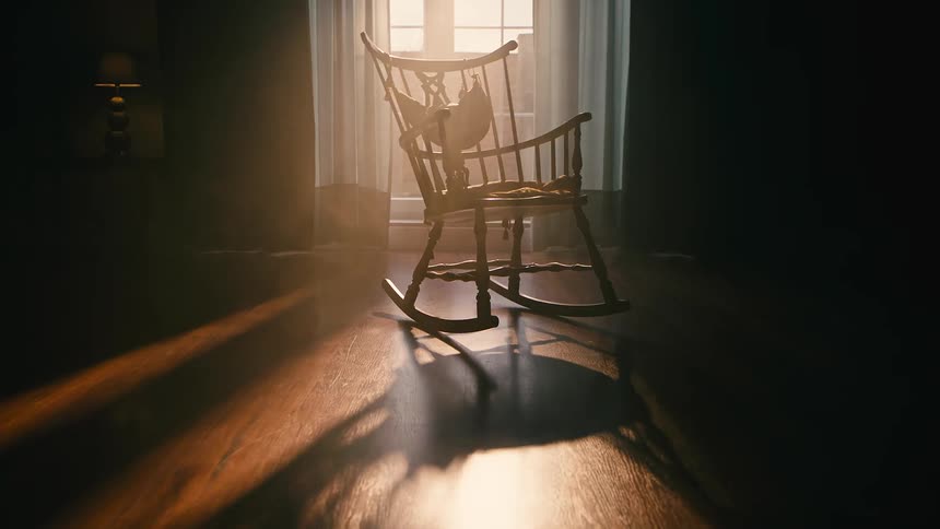 Rustic wooden chair swinging in a room and the reflection of sunlight coming from a window in the background