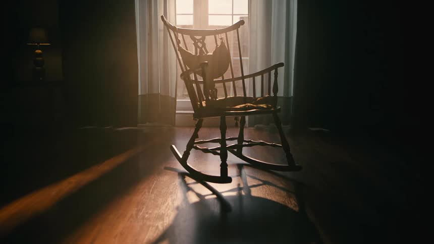 Vacant rocking chair rocking in an empty room near a sunlit window