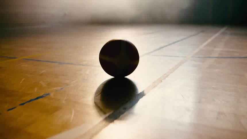 A basketball rolling on the floor of an indoors court