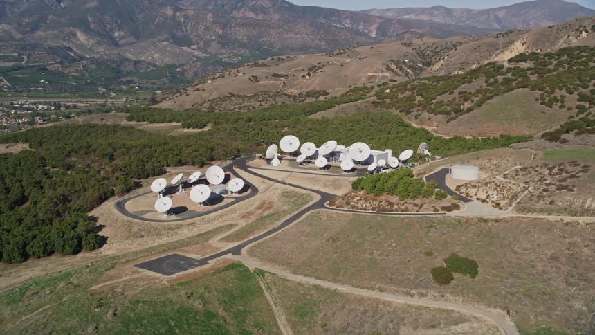 Aerial view of hilltop satellite dishes in california