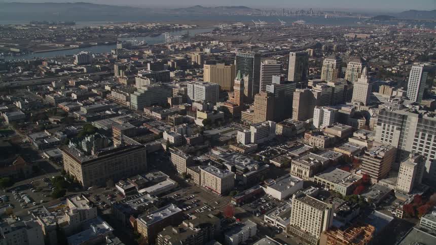 City scape aerial in a metroplitan area near the bay