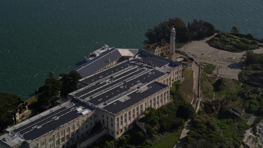 Aerial panorama of alcatraz federal prison with an observation deck and the seafront