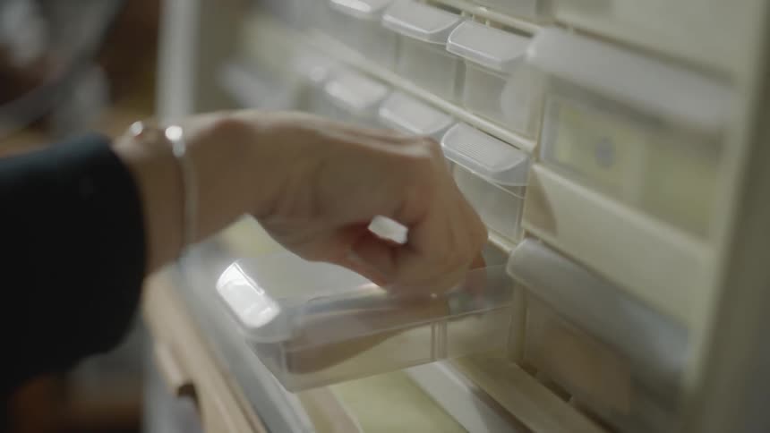 A person takes a tool from a plastic drawer