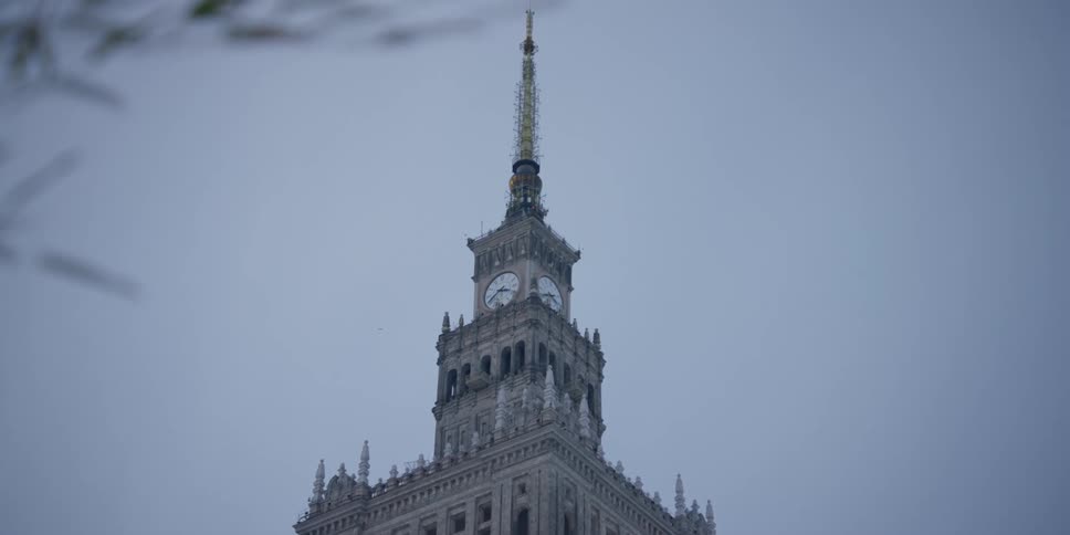 View of the clock tower of the Palace of Culture and Science in Warsaw, Poland