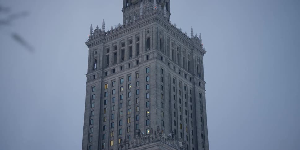 Scan down view of the Palace of Culture and Science in Warsaw, Poland