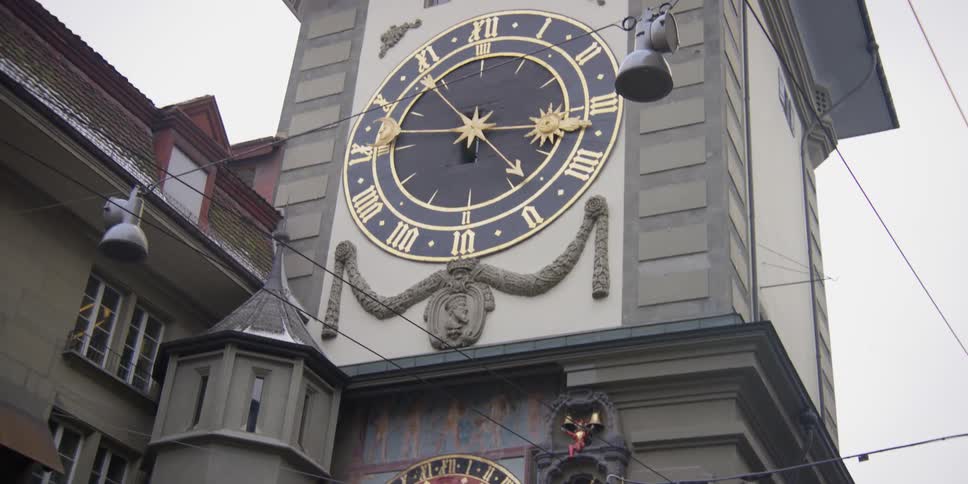 Upward scanning view of the Zytglogge clock and bell tower in Bern, Switzerland