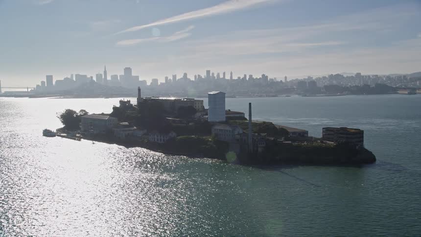 Aerial view of alcatraz island and the san francisco city skyline
