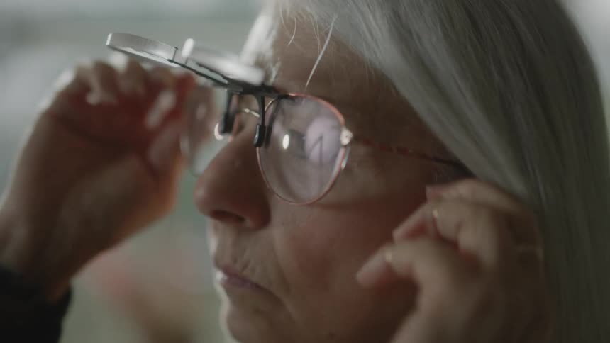 A clip of an old lady putting on an eye glasses