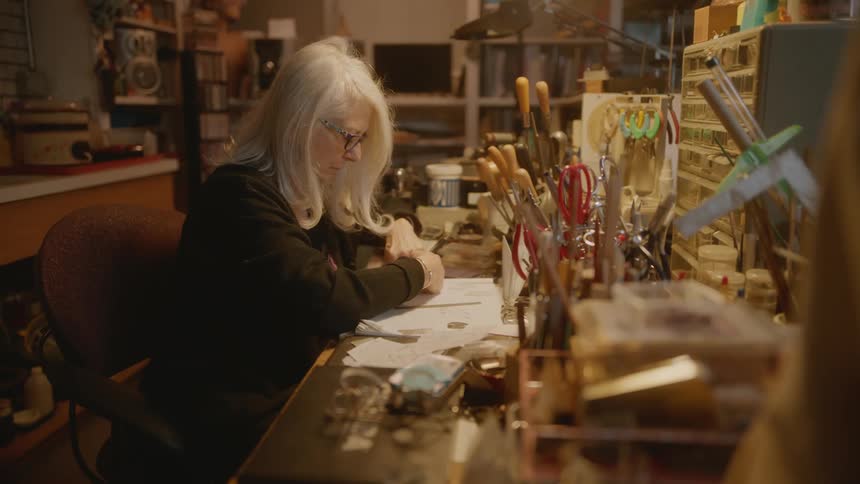 Elderly lady sitting at an office desk drawing