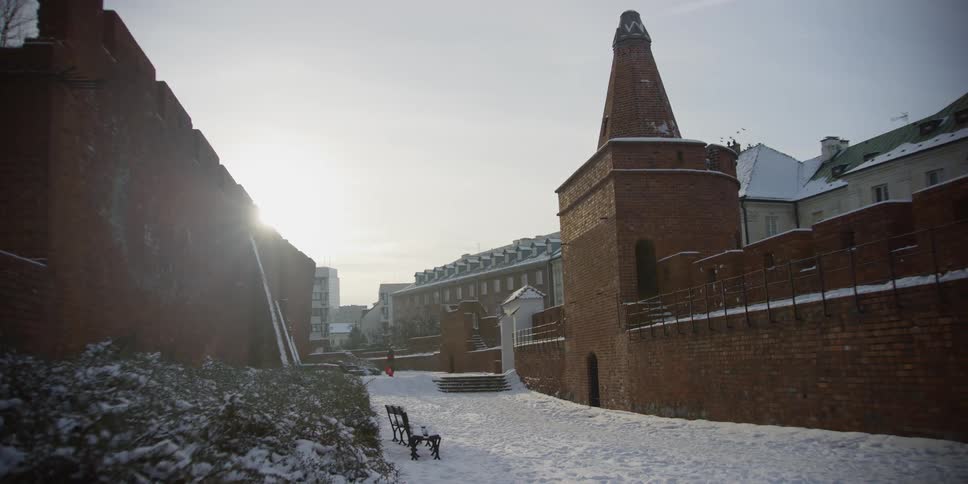 View of the Warsaw Barbican brick walls and battlements, Poland