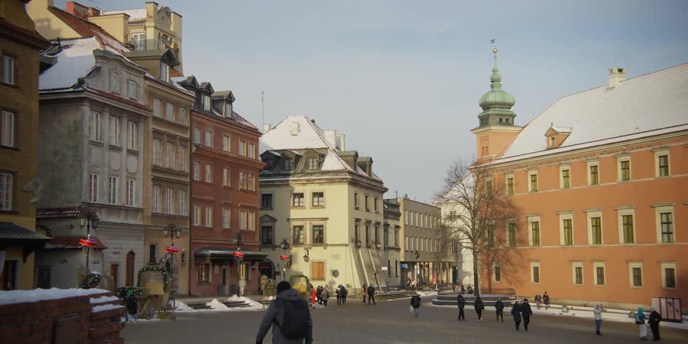 Historic buildings in Castle Square, Warsaw, Poland at Christmas