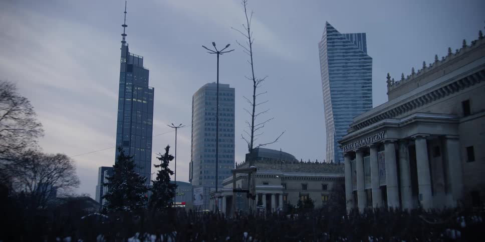 Skyline view of Warsaw, Poland driving past the Palace of Culture and Science